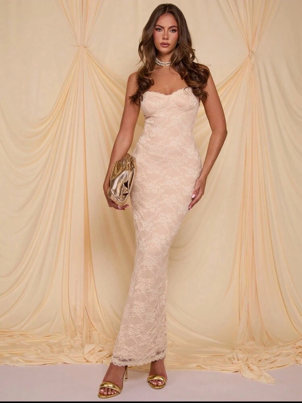 Elegant Lace Strapless Cream Evening Dress